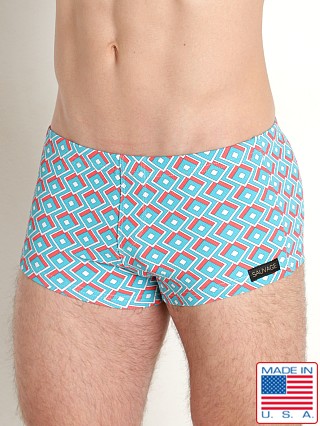 Model in aqua print Sauvage Euro Deco Square Cut Swim Trunk