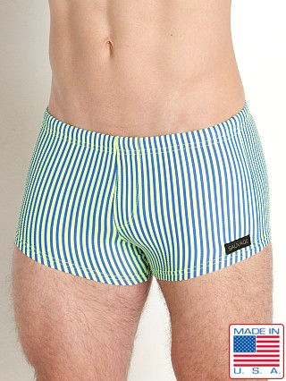 Model in lime/aqua Sauvage Italian Textured Stripe Square Cut Swim Trunk