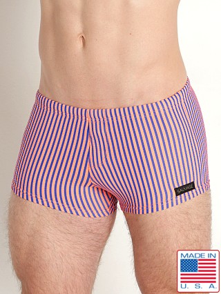 Model in orange/navy Sauvage Italian Textured Stripe Square Cut Swim Trunk Orange/Nav