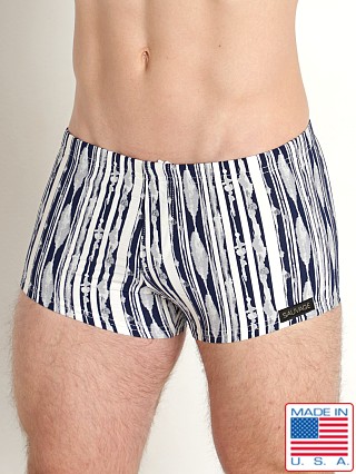 Model in black/white Sauvage Italian Santorini Square Cut Swim Trunk