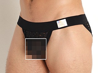 Model in black Modus Vivendi Hole Mesh Tanga Sports Brief