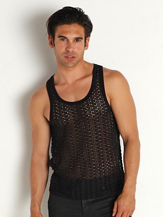 Model in black Modus Vivendi Hole Mesh Tank Top