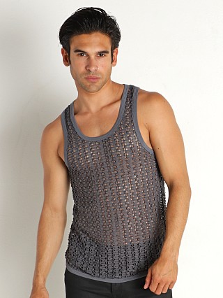 Model in grey Modus Vivendi Hole Mesh Tank Top