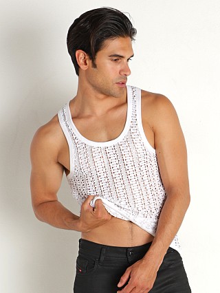 Model in white Modus Vivendi Hole Mesh Tank Top