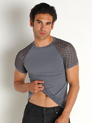 Model in grey Modus Vivendi Hole Mesh T-Shirt