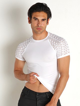 Model in white Modus Vivendi Hole Mesh T-Shirt