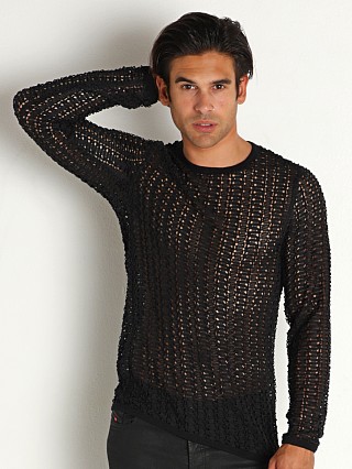 Model in black Modus Vivendi Hole Mesh Longsleeve Shirt