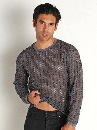 Model in grey Modus Vivendi Hole Mesh Longsleeve Shirt