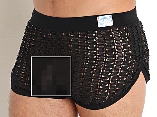 Model in black Modus Vivendi Hole Mesh Shorts