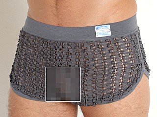 Model in grey Modus Vivendi Hole Mesh Shorts