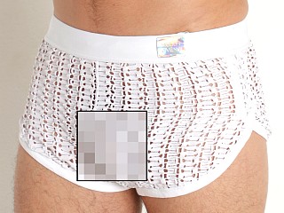 Model in white Modus Vivendi Hole Mesh Shorts