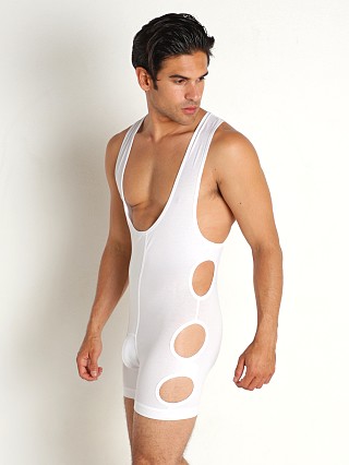 Model in white Modus Vivendi Hole Onesie Bodysuit