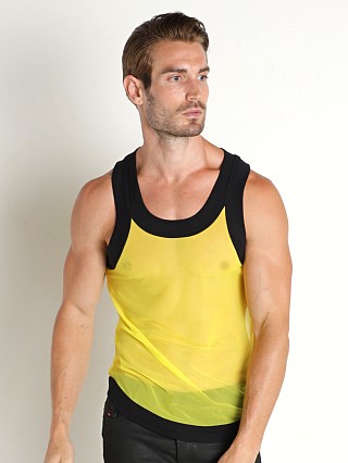 Model in yellow Modus Vivendi Muslin/Mesh Tank Top