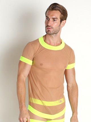 Model in beige Modus Vivendi Muslin/Mesh T-Shirt