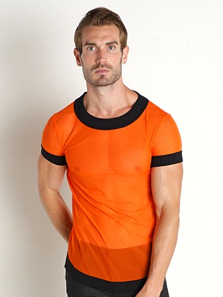 Model in orange Modus Vivendi Muslin/Mesh T-Shirt