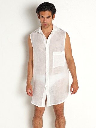 Model in white Modus Vivendi Linen Sleevless Sleep Shirt