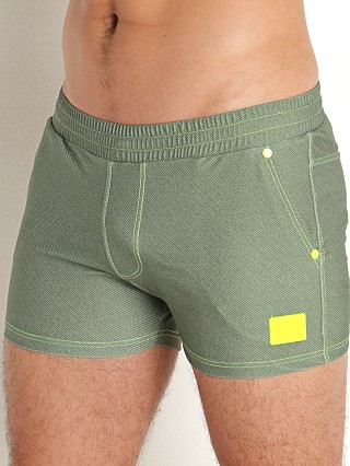 Model in khaki Modus Vivendi Jeans Swim Shorts