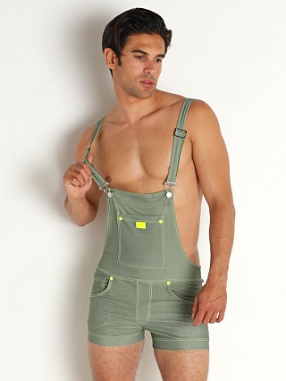 Model in khaki Modus Vivendi Jeans Overall Swim Bodysuit