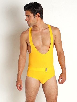 Model in yellow Modus Vivendi Towel Swim Singlet