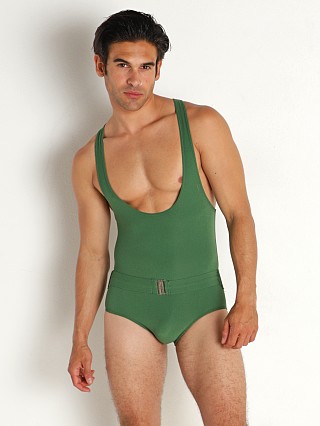 Model in green Modus Vivendi Towel Swim Singlet