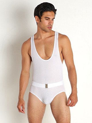 Model in white Modus Vivendi Wavy Swim Singlet