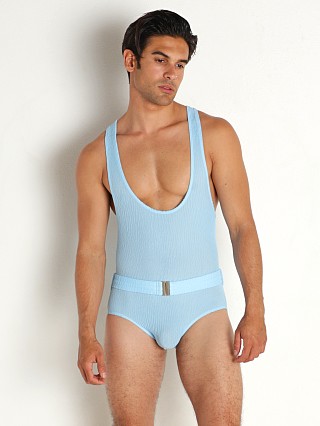 Model in light blue Modus Vivendi Wavy Swim Singlet