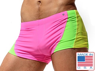 Model in multi-color Rufskin Rosco Square Cut Swim Trunk