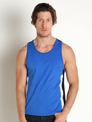 Model in chelsea blue/black Nasty Pig Alliance Color Block Tank Top