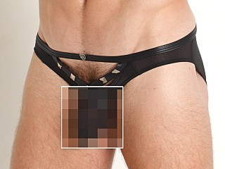 Model in black Gregg Homme Horse Adjustable C-Ring Brief