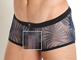 Model in navy print Gregg Homme Mesh Outline Trunk