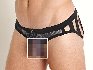 Model in navy print Gregg Homme Mesh Outline Cage Briefs