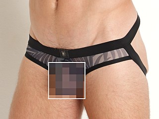 Model in navy print Gregg Homme Mesh Outline Jockstrap