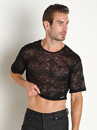 Model in black Manstore Stretch Lace Crop Top