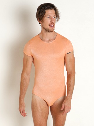 Model in salmon Manstore Shiny and Sheer Bodysuit Thong