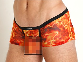 Model in fire print Manstore Sheer Mesh Bungee Enhancing Trunk