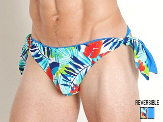 Model in blue/floral Timoteo Tahiti 2.0 Reversible Side-Tie Swim Brief