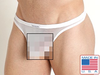 Model in white Rick Majors Armor Mesh Thong