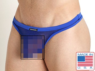 Model in royal Rick Majors Armor Mesh Thong