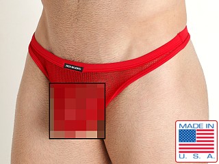 Model in red Rick Majors Armor Mesh Thong