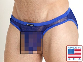 Model in royal Rick Majors Armor Mesh Super Low Rise Brief