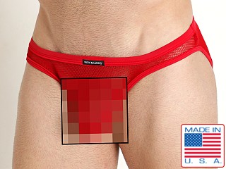 Model in red Rick Majors Armor Mesh Super Low Rise Brief