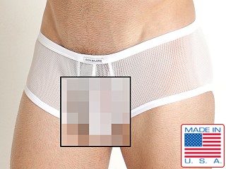 Model in white Rick Majors Armor Mesh Super Low Rise Trunk