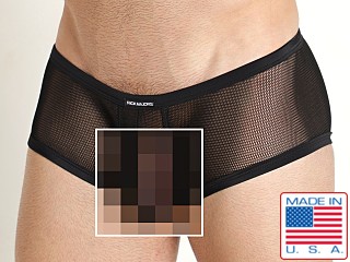 Model in black Rick Majors Armor Mesh Super Low Rise Trunk