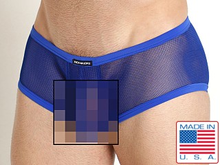 Model in royal Rick Majors Armor Mesh Super Low Rise Trunk