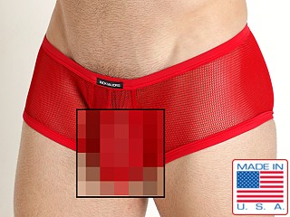 Model in red Rick Majors Armor Mesh Super Low Rise Trunk