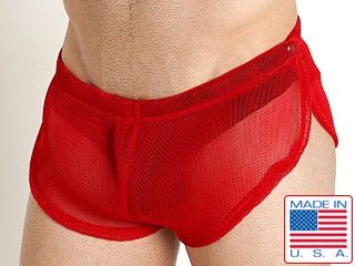 Model in red Rick Majors Armor Mesh Snap Off Shorts