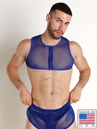 Model in royal Rick Majors Armor Mesh Cropped Zipper Tank Top