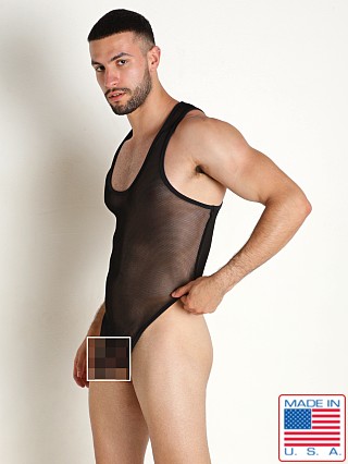 Model in black Rick Majors Armor Mesh Thong Bodysuit