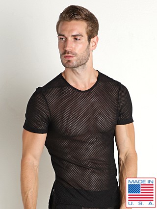 Model in black Rick Majors Grid Mesh Tee