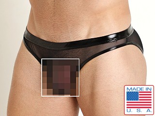 Model in black Rick Majors Vinyl Mesh Brief